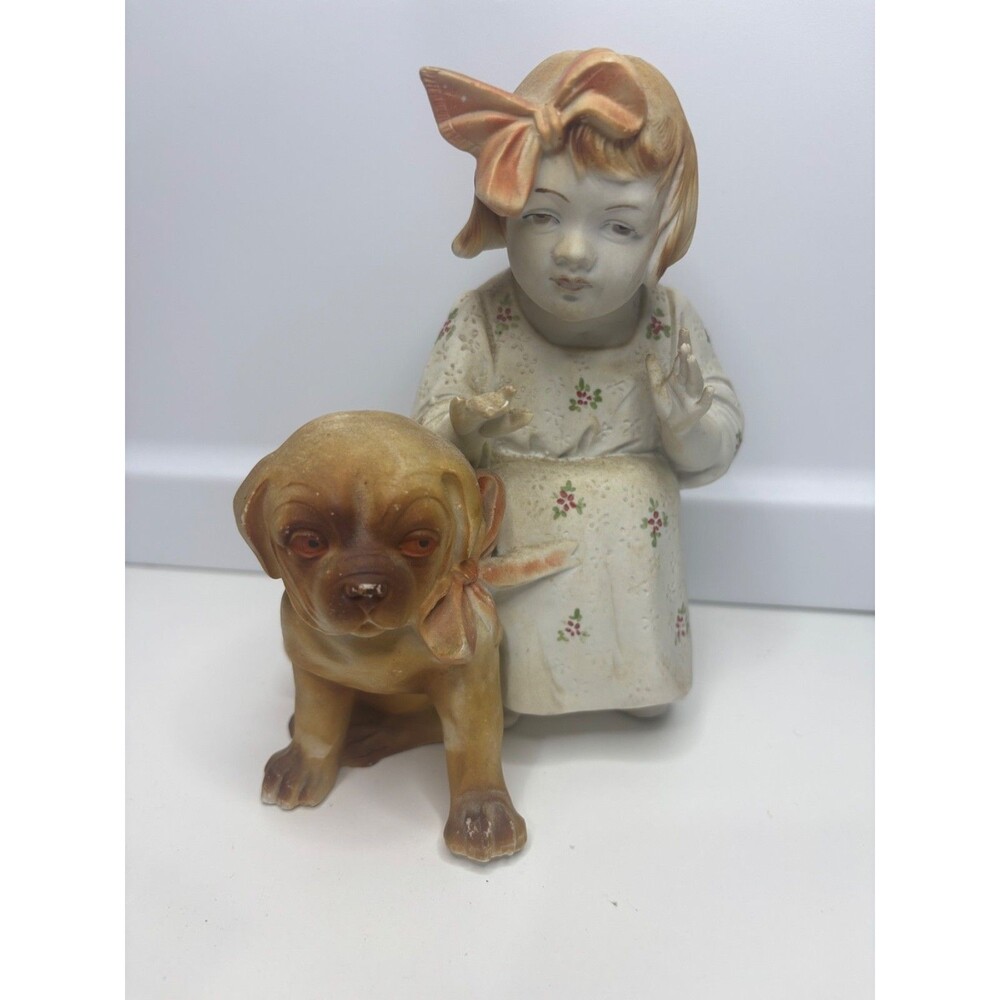 7” Vtg German Carl Schneider Bisque Porcelain Little girl dog Puppy Ceramic
